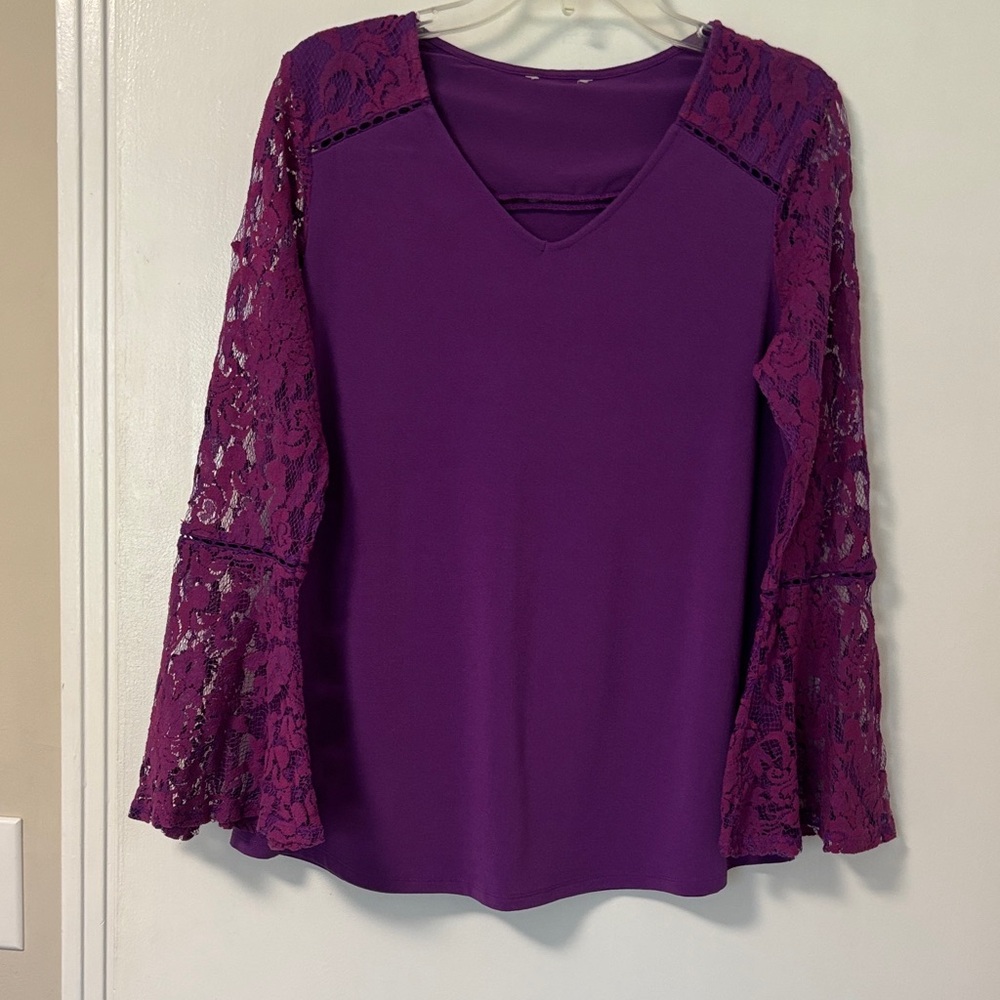 Express Deep Purple V-Neck Blouse with Lace Bell Sleeves
